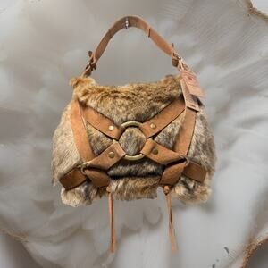 NWT Lucky Brand Taluca Lake Faux Fur Hobo Bag Rust Suede Trim Boho Style